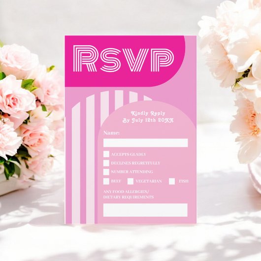 ヴィンテージレトロ70sホットピンクのアーチ結婚式rsvp 招待状