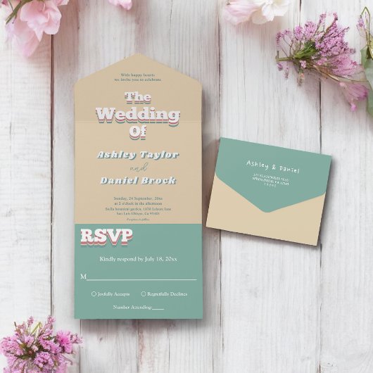 ヴィンテージレトロ70s Groovyスタイリッシュモダン結婚の オールインワン招待状