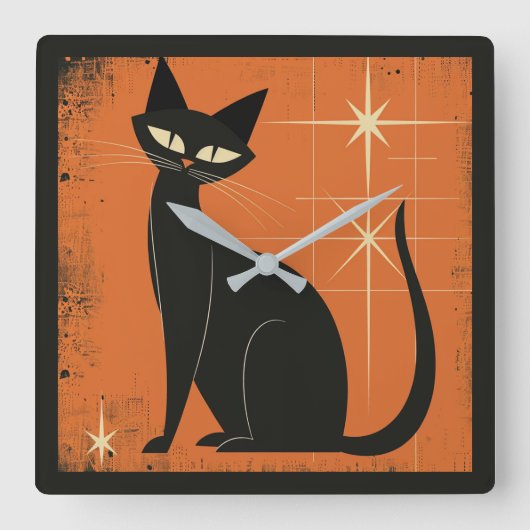 ヴィンテージレトロMCMブラックキャットスターオレンジブラック スクエア壁時計 (正面)