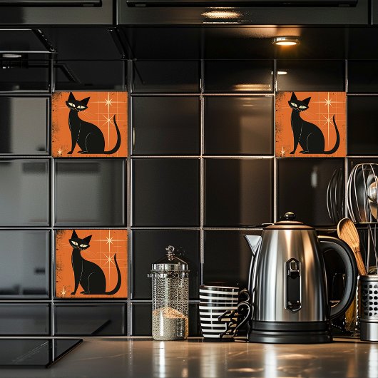 ヴィンテージレトロMCMブラックキャットスターオレンジブラック タイル