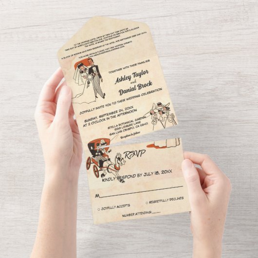 ヴィンテージレトロOld Cartoon 50s漫画をテーマ結婚にした オールインワン招待状 (貼ってはがせる)
