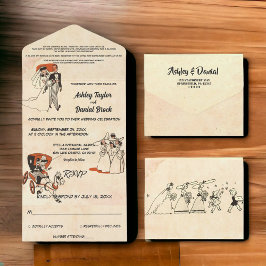 ヴィンテージレトロOld Cartoon 50s漫画をテーマ結婚にした オールインワン招待状