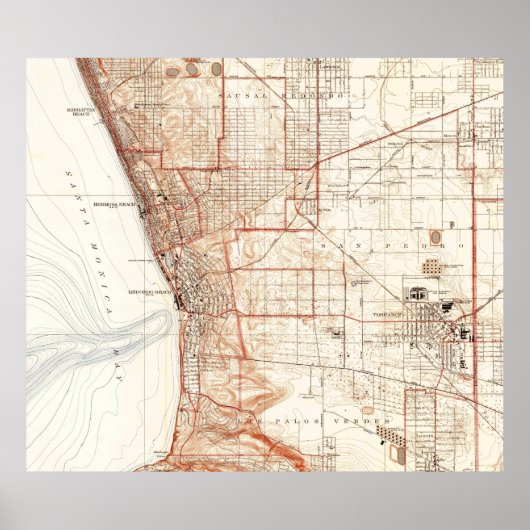 ヴィンテージレドンドビーチ&トーランスCAの地図(1934) ポスター (正面)