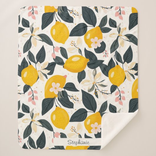 ヴィンテージレモンとピンクの花のパターン シェルパブランケット (正面)