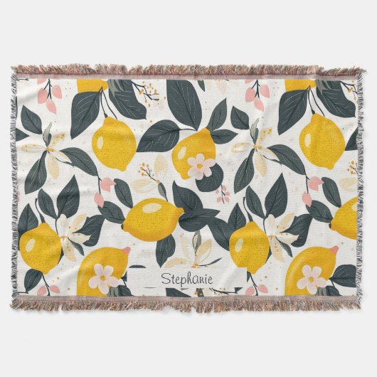 ヴィンテージレモンとピンクの花のパターン スローブランケット (正面)