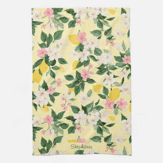 ヴィンテージレモンと花の模様（黄色） キッチンタオル (縦)