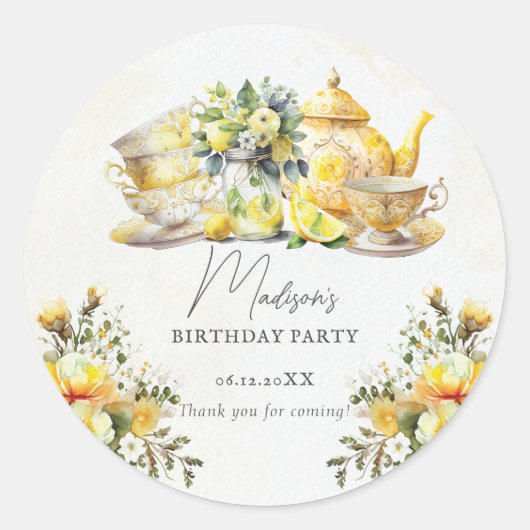 ヴィンテージレモン誕生日ティーパーティーありがとう ラウンドシール (正面)