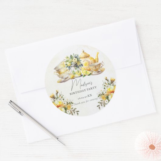 ヴィンテージレモン誕生日ティーパーティーありがとう ラウンドシール (封筒)