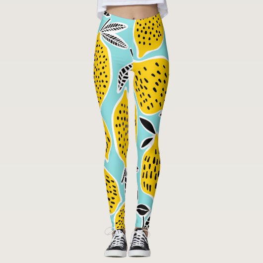 ヴィンテージレモン：手描きシームレスパターン レギンス (正面)