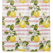 ヴィンテージレモン&開花オンピンクとホワイトストライプズ シャワーカーテン (正面)