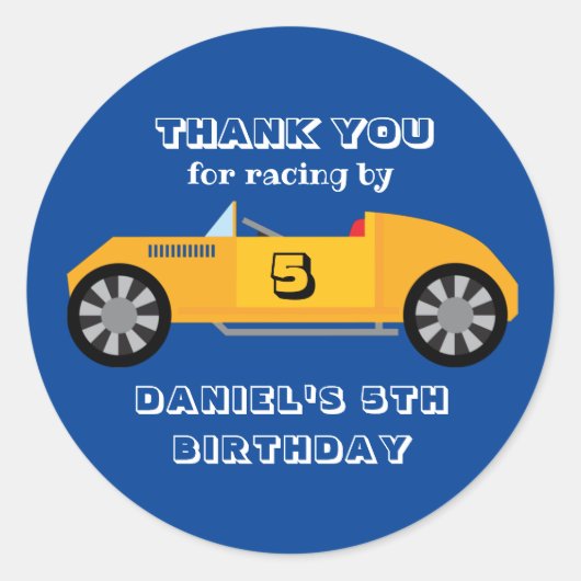ヴィンテージレーシングカー子供へボーイズ誕生日パーティー ラウンドシール (正面)