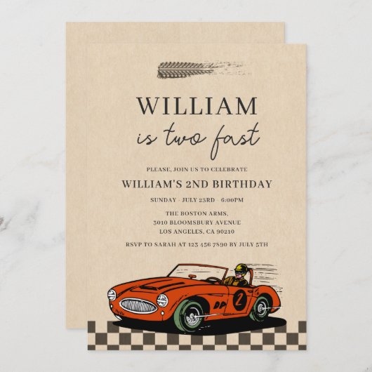 ヴィンテージレーシングカー2速い男の子2nd誕生日 招待状 (正面/裏面)
