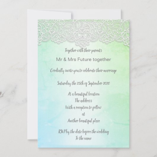 ヴィンテージレースかわいらしグリーンブルー優雅な結婚式 招待状 (正面)
