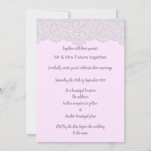 ヴィンテージレースかわいらしピンクのエレガントな結婚式 招待状 (正面)