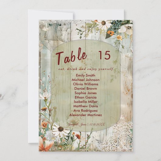 ヴィンテージレースとデイジー素朴の結婚シーティングカード 招待状 (正面)