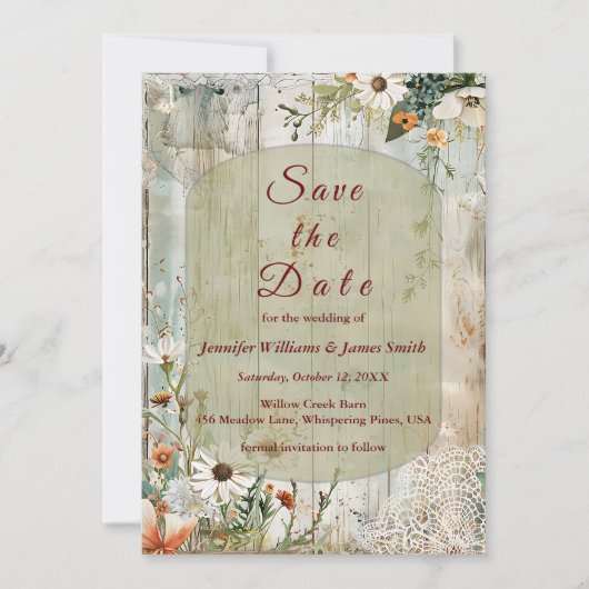 ヴィンテージレースとデイジー素朴日付の保存 招待状 (正面)