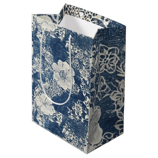 ヴィンテージレースとデニムテクスチャ ミディアムペーパーバッグ (裏面アングル)