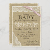 ヴィンテージレースとバーブベビーシャワーピンク 招待状 (正面/裏面)