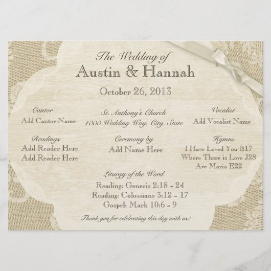 ヴィンテージレースとバーラップ結婚式 プログラムカード プログラム (正面)