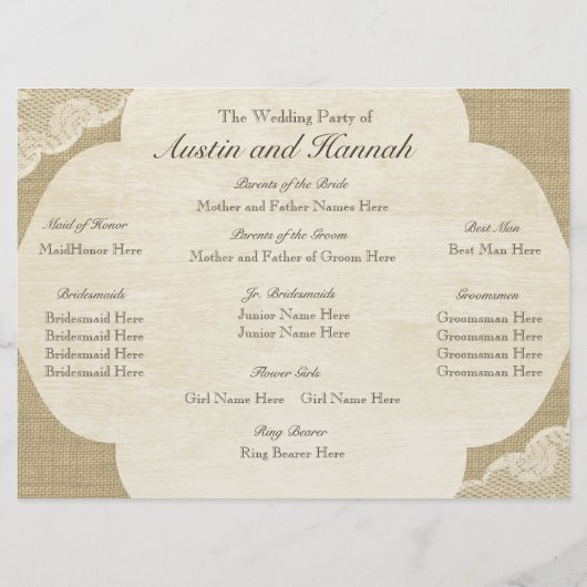 ヴィンテージレースとバーラップ結婚式 プログラムカード プログラム (裏面)