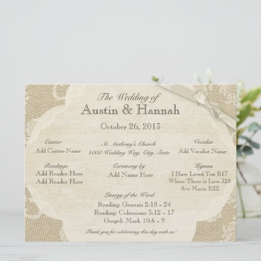 ヴィンテージレースとバーラップ結婚式 プログラムカード プログラム (スタンド正面)