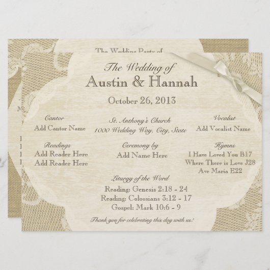 ヴィンテージレースとバーラップ結婚式 プログラムカード プログラム (正面/裏面)