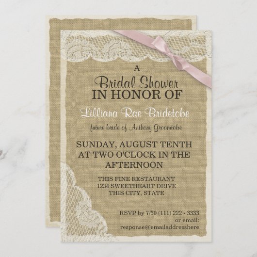 ヴィンテージレースとピンクボウブライダルシャワー 招待状 (正面/裏面)