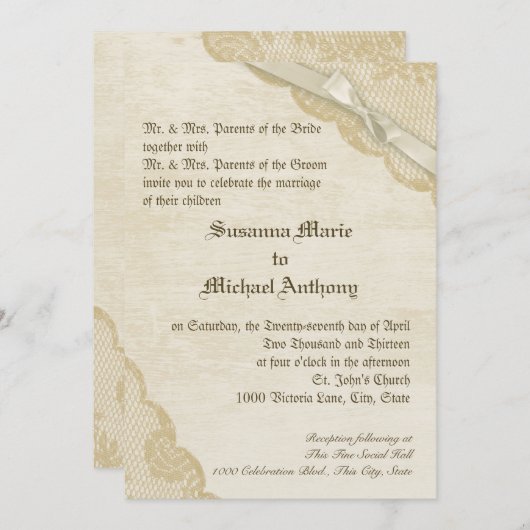 ヴィンテージレースとボウ結婚ズ 招待状 (正面/裏面)