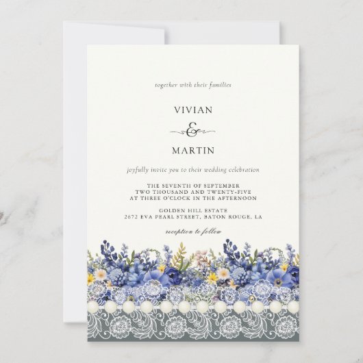 ヴィンテージレースと真珠のフローラ 招待状 (正面)