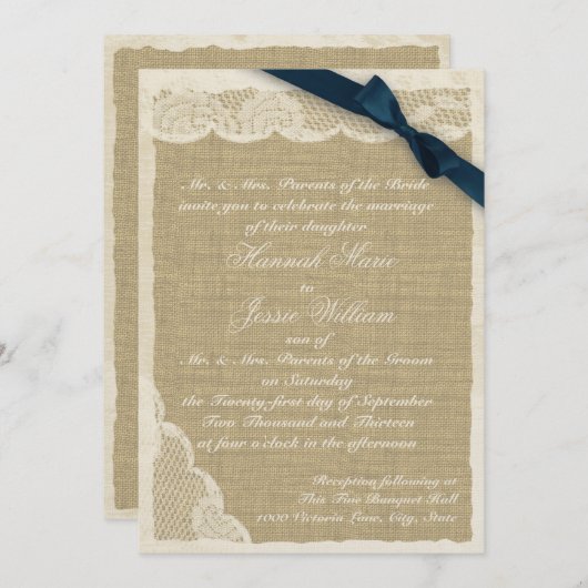 ヴィンテージレースとBurlapネイビーブルーリボン 招待状 (正面/裏面)