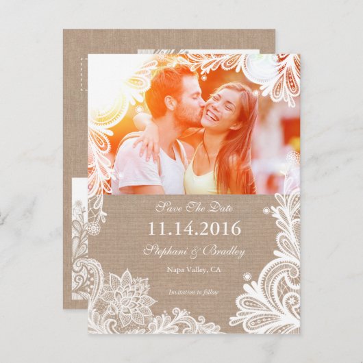 ヴィンテージレースとBurlap日付ポストカードの保存 案内ポストカード (正面/裏面)