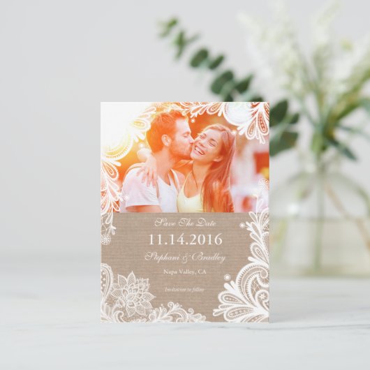 ヴィンテージレースとBurlap日付ポストカードの保存 案内ポストカード (スタンド正面)