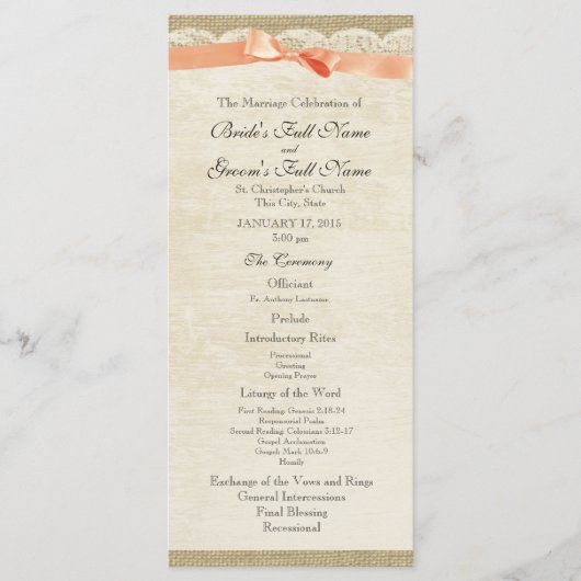 ヴィンテージレースアンドコーラルボウ結婚式 プログラム (正面)