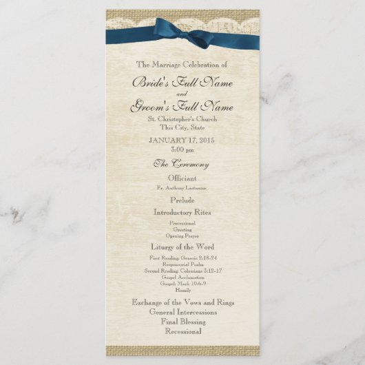 ヴィンテージレースアンドネイビーブルーボウ結婚式 プログラム (正面)