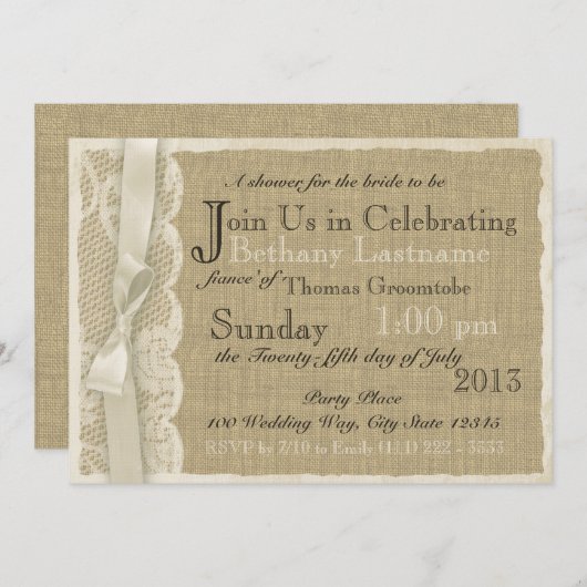 ヴィンテージレースアンドバーラップブライダルシャワー 招待状 (正面/裏面)