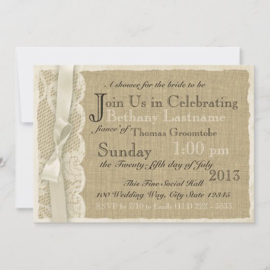 ヴィンテージレースアンドバーラップブライダルシャワー 招待状 (正面)
