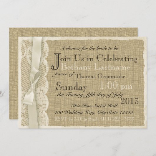 ヴィンテージレースアンドバーラップブライダルシャワー 招待状 (正面/裏面)