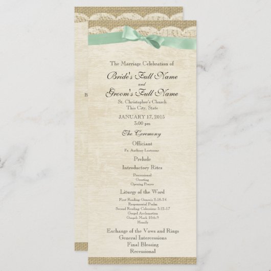 ヴィンテージレースアンドミントグリーンボウ結婚式 プログラム (正面/裏面)