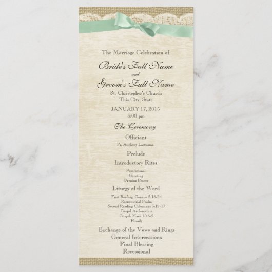 ヴィンテージレースアンドミントグリーンボウ結婚式 プログラム (正面)