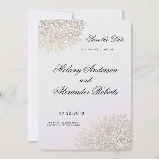 ヴィンテージレースエレガントゴールドフォイル日付を保存 セーブザデート (正面)