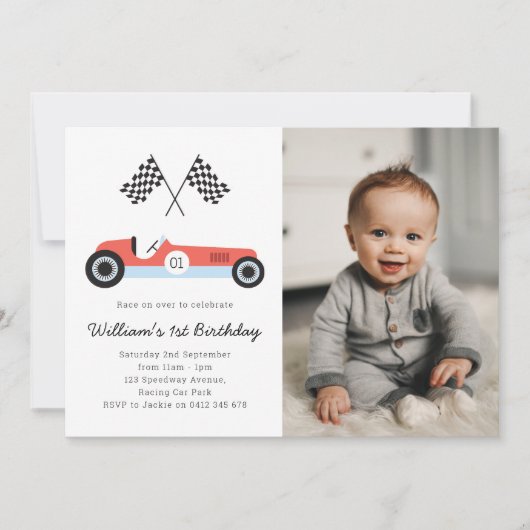 ヴィンテージレースカー誕生日パーティフォト招待状 招待状 (正面)