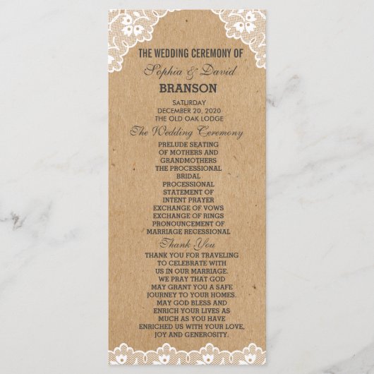 ヴィンテージレースクラフト紙結婚ズのカスタムプログラム プログラム (正面)