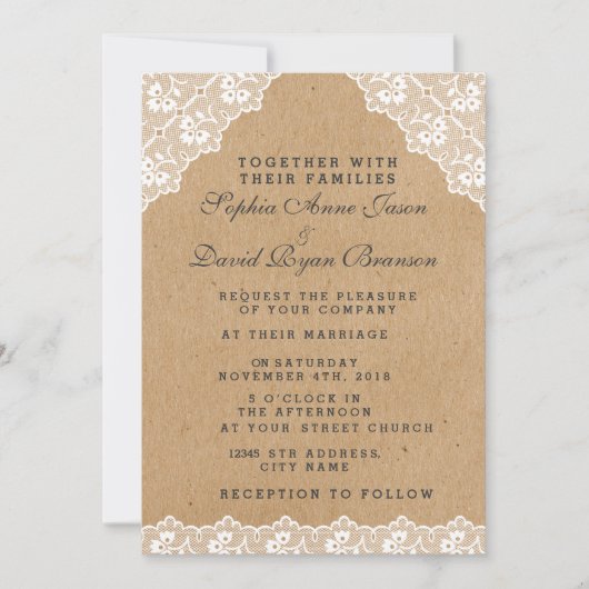 ヴィンテージレースクラフト紙結婚式招待状 招待状 (正面)