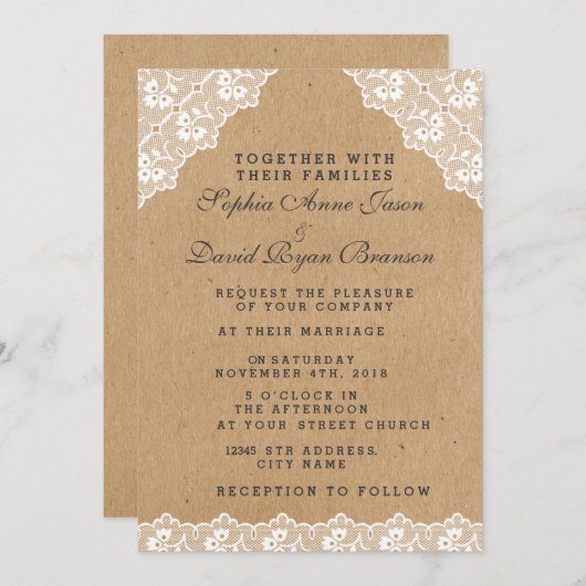 ヴィンテージレースクラフト紙結婚式招待状 招待状 (正面/裏面)