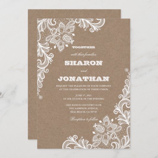 ヴィンテージレースクラフト&ホワ素朴イト結婚 招待状 (正面/裏面)