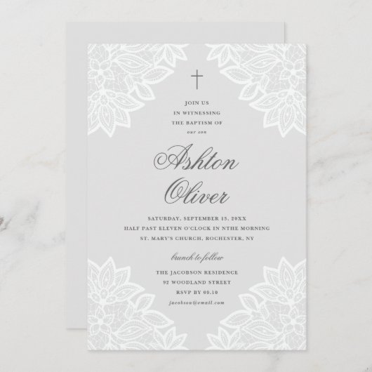 ヴィンテージレースグレー宗教バプテスマ&《キリスト教》洗礼式や命名式 案内状 (正面/裏面)
