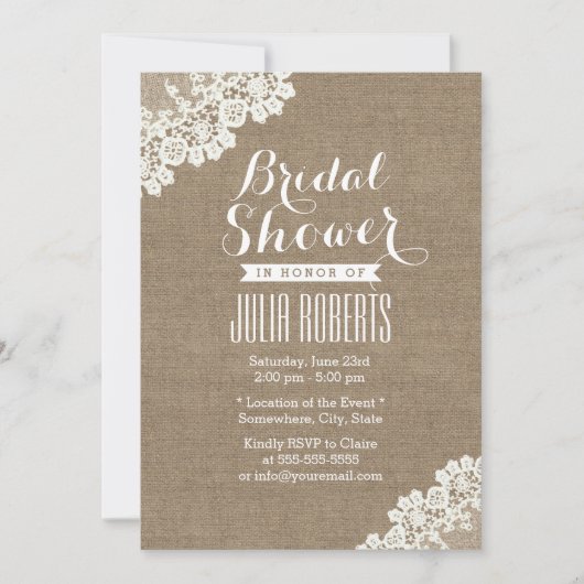 ヴィンテージレースコーナーバーラップブライダルシャワー 招待状 (正面)