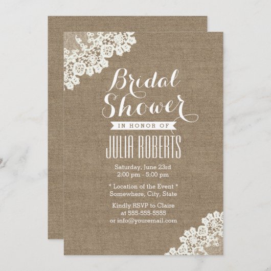 ヴィンテージレースコーナーバーラップブライダルシャワー 招待状 (正面/裏面)