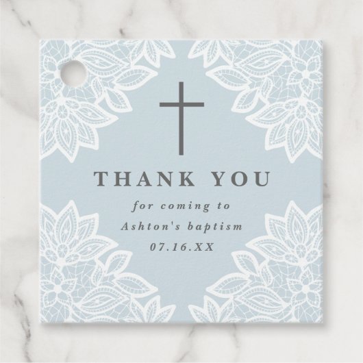 ヴィンテージレーススカイブルー感謝していバプティスメッセージカード フェイバータグ (正面)