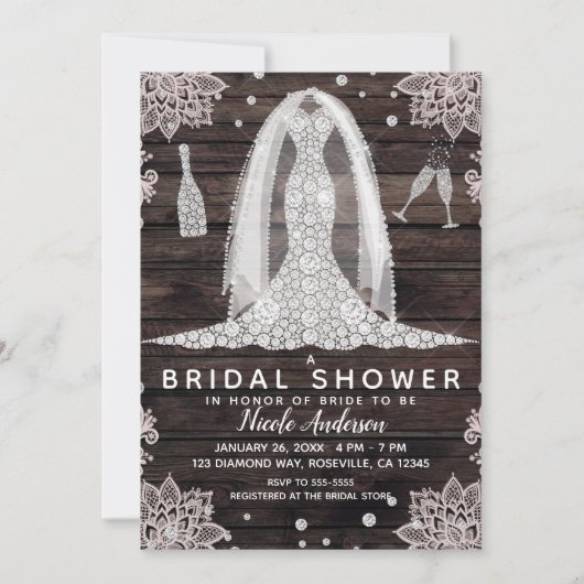 ヴィンテージレースダイヤ結婚モンドのドレスブライダルシャワー 招待状 (正面)